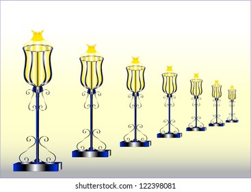 Fictional promenade is decorated with seven lighted lamps on stands