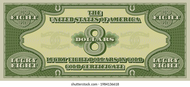 Reverso ficticio de un certificado de oro con un valor nominal de ocho dólares de suerte. Dinero de papel de recuerdo de EE.UU.