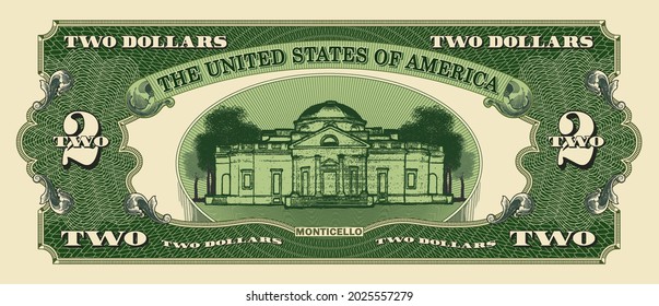 Fictional reverse of vintage US paper money. 2 dollar banknote. Monticello svg