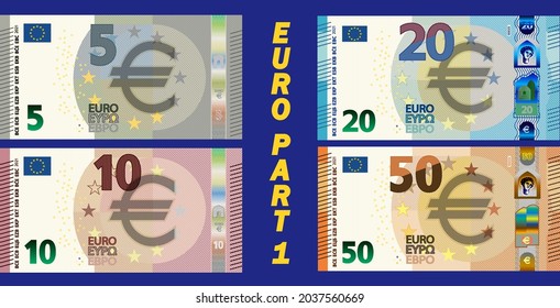 A fictional set of obverse of European Union paper money. Banknotes in denominations of five, ten, twenty, fifty euros. Part one