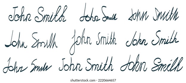 Fictional signatures template for documents design. Calligraphy lettering with the name and surname "John Smith" handwritten in various styles. Collection of vector signature samples 