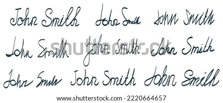 Fictional signatures template for documents design. Calligraphy lettering with the name and surname "John Smith" handwritten in various styles. Collection of vector signature samples 