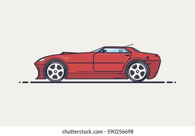 Fictional sport car line vector illustration. Red muscle car in cope body like 90-x design. Big wheels and long hood with air intake.