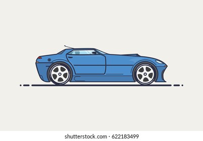Fictional sport car line vector illustration. Red muscle car in cope body like 90-x design. Big wheels and long hood with air intake.