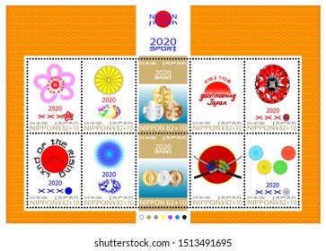 Fictional stamps of 2020. Hieroglyphs mean good morning Japan and the state of Japan EPS10