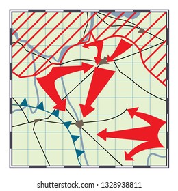 Fictional and stylized map of the fighting. Vector illustration.