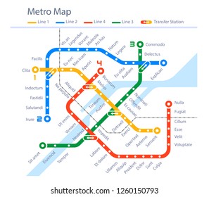 Fictional subway map urban metro color design. Underground way picture. Vector flat style cartoon illustration isolated on white background