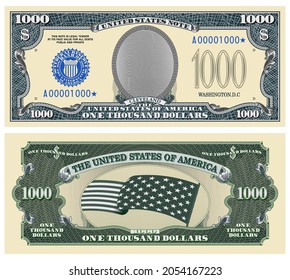 Fictional template obverse and reverse of US paper money. One thousand dollar banknote. Empty oval, stars-striped flag and guilloche frames. Cleveland