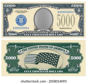 Fictional template obverse and reverse of US paper money. Five thousand dollar banknote. Empty oval, stars-striped flag and guilloche frames. Madison