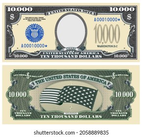 Fictional template obverse and reverse of US paper money. Ten thousand dollar banknote. Empty oval, stars-striped flag and guilloche frames. Chase