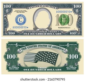 Fictional template obverse and reverse of US paper money. One hundred dollars banknote. Empty oval, stars-striped flag and guilloche frames. Franklin