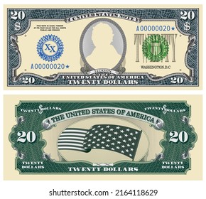 Fictional template obverse and reverse of US paper money. Twenty dollars banknote. Empty oval, stars-striped flag and guilloche frames. Jackson