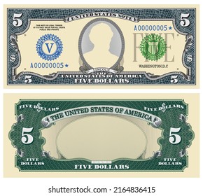 Fictional template obverse and reverse of US paper money. Five dollars banknote. Empty oval and guilloche frames. Lincoln