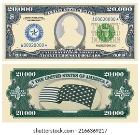 Fictional Template Obverse And Reverse Of US Paper Money. Twenty Thousand Dollars Banknote. Empty Oval And Guilloche Frames. Wavy Striped Stary Flag. Salmon P. Chase