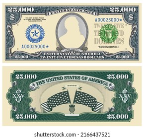 Fictional template obverse and reverse of US paper money. Twenty five thousand dollars banknote. Empty oval and guilloche frames. Wavy striped stary flag. James Garfield svg