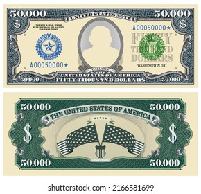 Fictional template obverse and reverse of US paper money. Fifty thousand dollars banknote. Empty oval and guilloche frames. Wavy striped stary flag