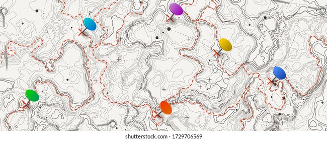Mapa topográfico ficticio con pines y senderos. Mapa de elevación conceptual del vector lineal. Concepto de fondo de esquema topográfico generado
