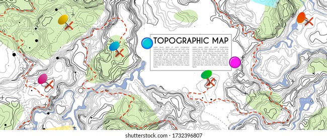 Fictional topographic map with pins and paths. Lined vector conceptual elevation map. Generated topographic scheme backdrop concept