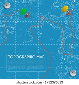 Fictional topographic map with pins and paths. Lined vector conceptual elevation map. Generated topographic scheme backdrop concept