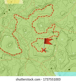 Fictional topographic map with pins and paths. Lined vector conceptual elevation map. Generated topographic scheme backdrop concept