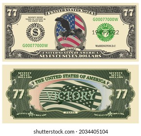 Fictional US banknote of 77 dollars. Dedicated to the anniversary of the victory in the great war of 1945-2022