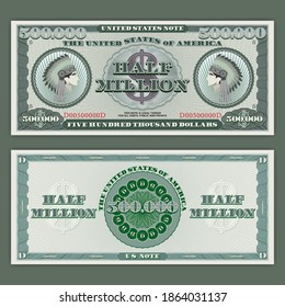 Fictional US half million dollars. Paper money. Native Indians. 500000. EPS10