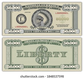 Fictional US paper money 50000 dollars. The head of the American Indian wearing a crown of feathers. Ribbon, liberty. EPS10