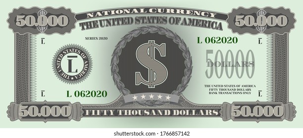 Fictional US paper money with a face value of 50000 dollars. Obverse of a green banknote. Part one