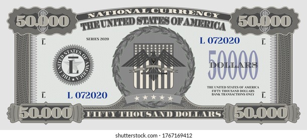 Fictional US paper money with a face value of 50000 dollars. Obverse of banknote with a shield and stylistic eagle with sword Part two