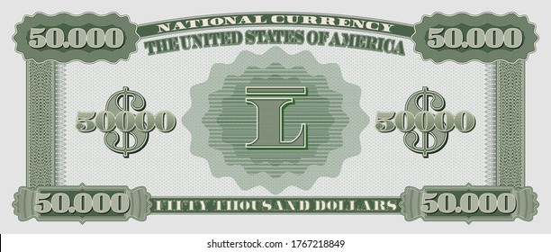 Fictional US paper money with a face value of 50000 dollars. Reverse of green banknote Part three