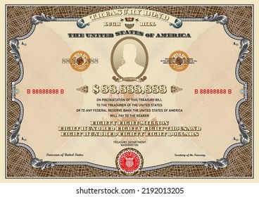 Fictional vector 88 888 888 US dollar treasury good luck bond. Vintage frame with guilloche grid, oval, bank seals and ribbons. 