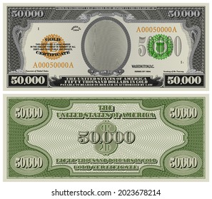 Anverso ficticio vintage y reverso de un certificado de oro con un valor nominal de 50.000 dólares. Dinero en papel de Estados Unidos