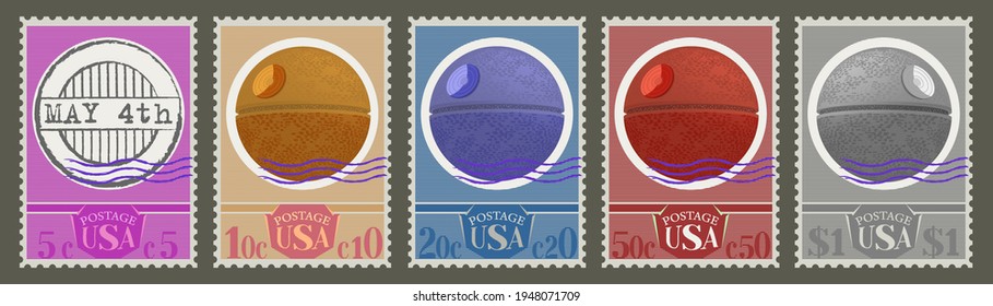 Fictional vintage set of US postage stamps with seal May 4th and 3D spherical space battle station