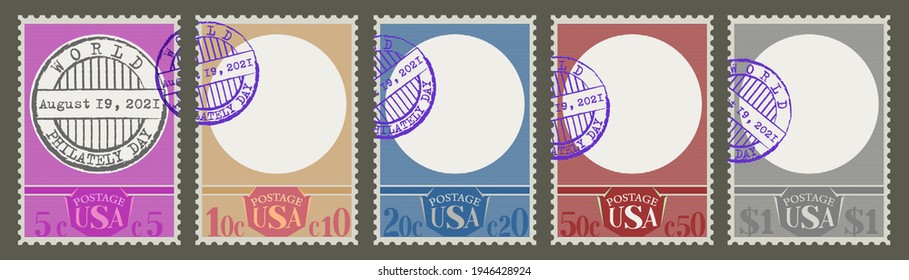 Fictional vintage set of USA postage stamps with the seal Philately Day august 22 2021