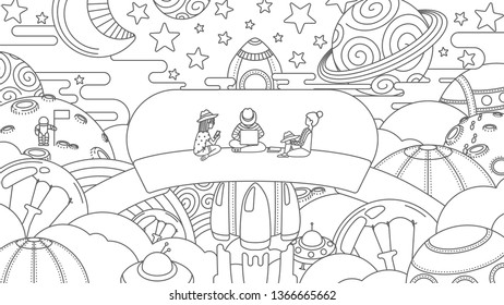 in the fictional world of ideas, planets and clouds, three people launch the rocket - startup