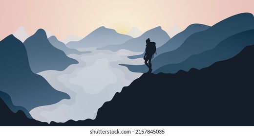 Fictious Fjord View. Hand Drawn Flat Vector Illustration Of Trail Hiking.