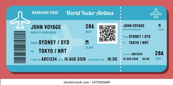 Vector ficticio de tarjeta de embarque. Pasaje aéreo moderno con código QR.