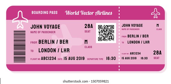 Fictitious boarding pass vector. Modern airline ticket with QR code.