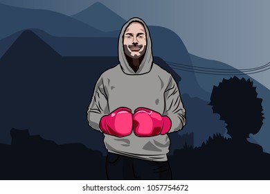 Fictitious character. ?omposite image of an athlete. Body builder guy vector illustration. Fighter, fight club concept. Boxer man