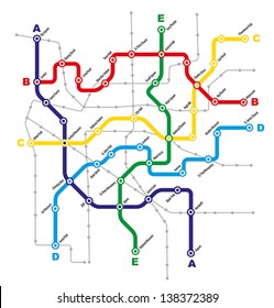 Esquema fictício de transporte público da cidade sobre fundo branco