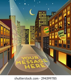 Fictitious City Street At Night With Searchlight Space For Your Message