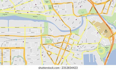 Fictitious generic street map. Urban and residential area with parks, waterways, railway, motorway or freeway, road names and places of interest.