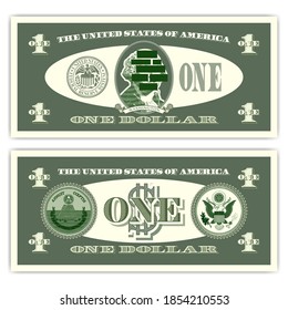 Fictitious green US paper money in denominations of one dollar. Pyramid seal. Portrait of the President of Washington with censor