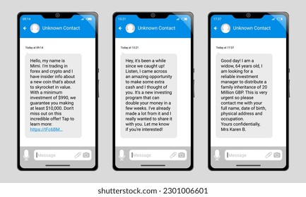 Fictitious scam investment opportunity text messages on set of three phones. Smishing concept.