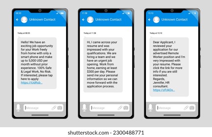 Fictitious scam job offer text messages on set of three phones. Smishing concept.