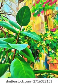 Una planta de ficus elastica (caucho) con Grandes hojas verdes en el jardín de la antigua casa de piedra amarilla con macetas en las ventanas; una Ilustración vectorial pintada de Vertical para un diseño exótico de viaje