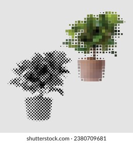 Ficus houseplant bush growing in pot for home interior decoration. Room plant with green petals. Ficus homeplant made of colored and black and white dots of different sizes. Gardening, floriculture