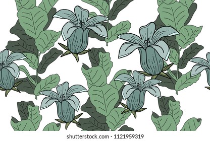 Ficus leaves and exotic flowers composition. Vector illustration. Botanical seamless background. Digital nature art.