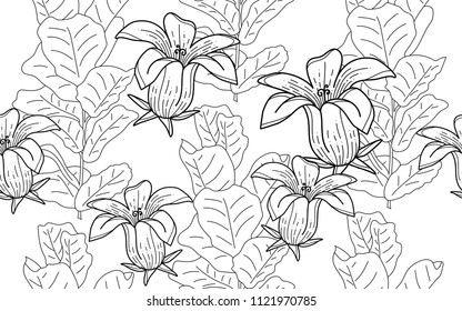 Ficus leaves and exotic flowers composition. Vector illustration. Botanical seamless background. Digital nature art.