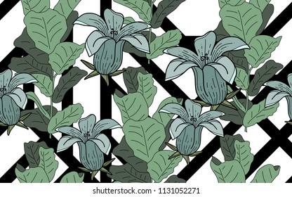 Ficus leaves and exotic flowers composition. Vector illustration. Botanical seamless background. Digital nature art.